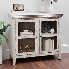 a white cabinet with two doors and some books on the bottom shelf next to a potted plant