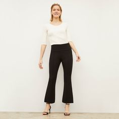 Made from our comfortable, machine-washable ponte fabric, the Shiloh pants are like yoga pants you can wear to the office. For fans of our Stella leggings, the Shiloh is the flared version, featuring the same foldover waistband and tailored fit through the thigh. These pants will be full-length if you’re 5’4” or under and cropped if you’re 5’5” or over. This fabric is made from responsibly forested viscose. Elastane Yoga Straight Pants, Versatile Straight Yoga Pants In Elastane, Versatile Stretch Wide Leg Pants With Pull-on Style, Wide Leg Stretch Dress Pants For Office, Versatile High-waisted Stretch Pants, Stretch Wide-leg Yoga Pants For Workwear, Elastane Straight Pants For Yoga, Stretch Wide Leg Yoga Pants For Work, Stretch Pull-on Style Dress Pants