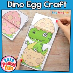 an egg craft for kids to make with paper and glue on the table, including a dinosaur