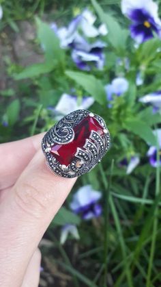 Burgundy ring Red marcazite ring Statement red ring Red vintage 70th ring Armenian silver jewelry Ruby Red Filigree Ring For Anniversary, Anniversary Red Ruby Filigree Ring, Red Stamped 925 Rings For Anniversary, Red Ruby Oval Filigree Ring, Antique Red Gemstone Filigree Ring, Oval Ruby Filigree Ring In Red, Luxury Oval Red Ruby Filigree Ring, Red Vintage Crystal Promise Ring, Antique Red Rings For Gifts