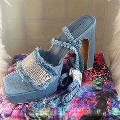 Brand New In Box Denim Open Heel Party Heels, Summer Evening Denim Heels, Denim Blue High Heel Party Shoes, Blue Denim Heels For Parties, White Leather Ankle Boots, Black Pinup, Rose Gold Flats, Rhinestone Flats, Top Sneakers Women