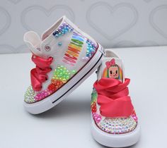 How adorable are these Cocomelon inspired converse! The perfect shoe to complete the look! Please leave your name needed in the notebox during checkout Visit the tutu section or search bar for the matching outfit! If you are unsure of sizing please scroll to the last photos for our size charts, or visit our size charts here--> https://pinktoesnhairbows.com/pages/size-chart All sales are FINAL, Ship dates can be found directly on the listing, please view our policies in detail here---> https://pi Cute High-top Sneakers For Parties, Cute Party Sneakers, Overalls Boys, Tutu Dress Costumes, Bling Converse, Glitter Tee, Pink Toes, Girls Overalls, Girls Converse