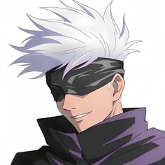 an anime character with white hair and black eyes, wearing a purple outfit on his head