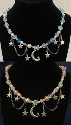 "16\"  If wanted longer or shorter please leave message with purchase" Pink And Blue Beaded Necklace, Cute Diy Necklaces Beads, Cute Handmade Necklaces, Star Beaded Necklace, Jewelry Beads Ideas, Beaded Designs, Necklaces Handmade, Wire Bead Jewelry, Diy Chain Necklace