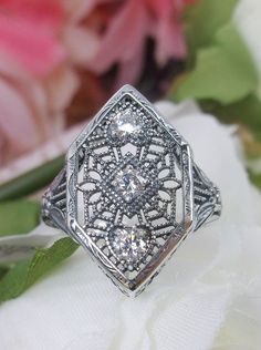 White CZ Ring, 3 gems, Delicate Silver Web Filigree, Art Deco Jewelry D231 Art Deco Revival, Art Deco Movement, Gem Diamonds, Ring Art Deco, 1920s Art Deco, Sterling Silver Filigree, Tiny Heart, Filigree Ring, Cz Ring