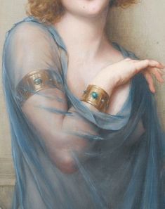 a painting of a woman with red hair wearing a blue dress and gold bracelets