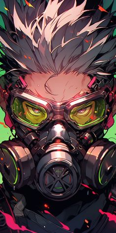 an anime character wearing a gas mask and goggles with green eyes on his face