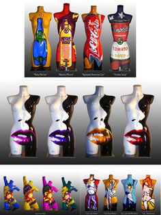 several different types of plastic mannequins are shown in multiple colors and sizes