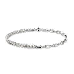 This beautiful bracelet is a perfect combination of classic and contemporary. Set in chic sterling silver, half of the bracelet is adorned with sparkling white lab-created sapphires, and the other half features a paperclip-link design. The 7.25-inch bracelet secures with a spring ring clasp. Silver Elegant Paperclip Bangle Bracelet, Elegant Silver Paperclip Bangle Bracelet, Modern White Sterling Silver Bracelet, Modern White Diamond Bracelet For Formal Occasions, Elegant Sterling Silver Paperclip Bracelet, Modern White Bracelets With Diamond Accents, Modern White Jubilee Tennis Bracelet, Modern Silver Diamond Bracelet With Diamond Cut, Modern White Tennis Bracelet For Anniversary