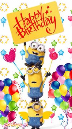 a happy birthday card with a minion holding balloons