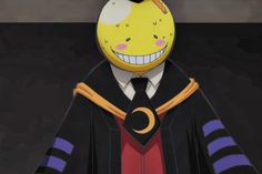 a cartoon character wearing a graduation gown with a smiley face on it's head