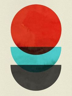 a poster with an orange and blue circle on it's side in the center