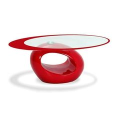 a red table with a glass top on it