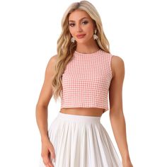 This timeless summer blouse is vintage-inspired fashion. This gingham top features a sleeveless design that embodies the classic style of the 1950s. This gingham print adds a charming and playful touch to the blouse. Stand out from the crowd with this cute and eye-catching pattern. Suit for summer and for many occasions, such as vacation, travel, holiday, beach, going out, etc. Plaid Sleeveless Tops, Plaid Sleeveless Tops For Picnic, Sleeveless Plaid Tops For Picnic, Fitted Sleeveless Top For Picnic, Sleeveless Gingham Tops For Summer, Spring Sleeveless Tank Top For Picnic, Spring Gingham Sleeveless Top, Sleeveless Gingham Top For Spring, Sleeveless Gingham Tank Top For Spring