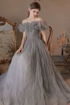 Pretty Off Shoulder Gray Tulle Long Prom Dresses with Belt, Off the Sh – Lwt Dress Gray Formal Dress, Grey Evening Dresses, Long Prom Dresses, Prom Dresses Long, Gray Dress, Custom Color, Custom Sizing, Off The Shoulder, Victorian Dress