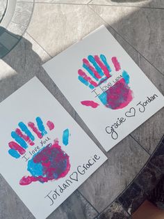 two handprinted cards with the words i love you, today and today