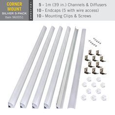 the kit includes five white tubes, six brackets and 10 mounting clips