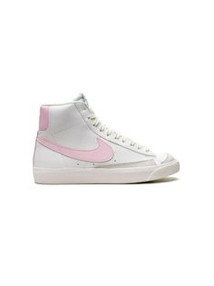 Nike Kids Blazer Mid '77 "White/Pink" Sneakers - Farfetch Pink Sporty High-top Sneakers With Rubber Waffle Outsoles, Sporty Pink High-top Sneakers With Rubber Waffle Outsoles, Pink Leather Basketball Shoes, Pink Leather Basketball Shoes With Laces, Pink Leather High-top Sneakers With Vulcanized Sole, Pink Leather Lace-up Basketball Shoes, White High-top Sneakers With Rubber Waffle Outsoles For Sports, Pink High-top Leather Skate Shoes, White High-top Sneakers With Branded Insole