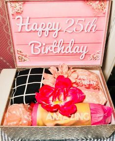 a birthday gift box filled with personalized items for someone's 25th birthday or special occasion