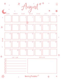 the october calendar is shown in pink and white with stars, moon and crescents