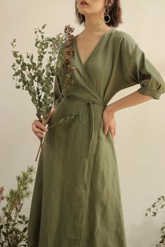 Tori Linen Dress – VAST Green Linen Wrap Dress, Sage Green Linen Dress, Wrap Dress Linen, A Line Casual Dress, Soft Summer Romantic, Earth Tone Aesthetic Fashion, Simple Casual Dresses, Minimal Casual Outfit, Wrap Around Dresses