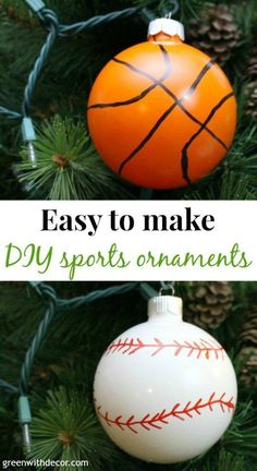 an ornament hanging from a christmas tree with the words easy to make diy sports ornaments