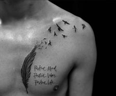 a black and white photo of a man's chest with birds flying around it