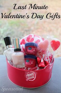 the last minute valentine's day gifts in a red bucket with hearts and nail polish