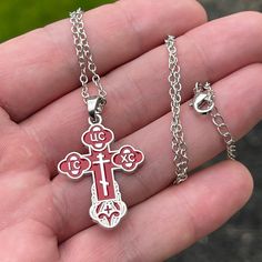 Orthodox crosses with a chain necklace and comes in many beautiful colors - red, white, black, green, and blue Gold plated crosses come with 22” chain Silver plated crosses come with 20” chain Reverse side says “Save & Protect” (Спаси и сохрани) Made from zinc alloy Dimensions: 1” x 1.4” inches Fast shipping from the U.S. Orthodox Cross Necklace, Rope Cross, Orthodox Cross, Chain Silver, Green And Blue, White Silver, Black Green, Red Gold, Blue And Silver