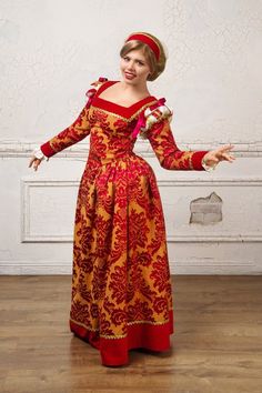 “Venetian Princess” - made to order - please send measurements based on the chart in the listing photosAn elegant, historic period dress in the style of Italian fashion of the XVI century.The fabric used is cotton jacquard in the typical large print of the period. The neck, the sleeves and the hemline of the dress are trimmed with velvet in a saturated cherry color. In the finishing, braided golden bands embroidered by hand are used.  The dress consists of three parts. There is a bodice that lac Fitted Medieval Dress For Theater, Traditional Baroque Costume Dress, Traditional Baroque Dress For Costume Party, Traditional Victorian Dress With Historical Design For Fancy Dress, Rococo Style Medieval Costume Dress, Baroque Medieval Dress With Historical Design, Traditional Victorian Dress With Fitted Bodice, Baroque Medieval Dress For Costume, Traditional Fitted Medieval Costume Dress