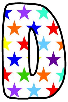 the letter d is made up of multicolored stars and has a black outline