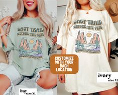 two women wearing t - shirts that say lost trail and customize with your location