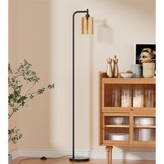 a lamp that is on top of a wooden table next to a book shelf and potted plant