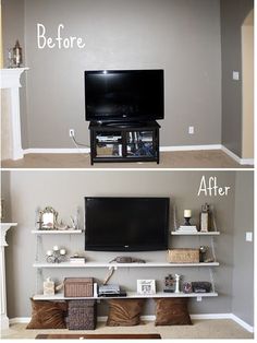 the before and after pictures of a living room entertainment center