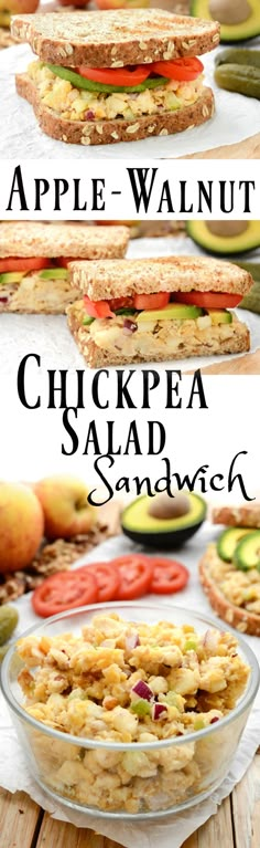 an apple walnut chickpea salad sandwich is shown in three different views, with the title above it