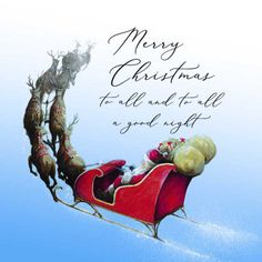 a christmas card with santa's sleigh and reindeers in the sky