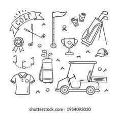 golf related items are shown in black and white