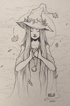 a drawing of a woman wearing a witches hat and holding her hands in front of her face