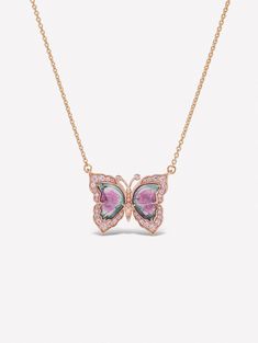 Argyle Pink™ Diamond Bi Color Tourmaline Butterfly Necklace by J FINE with 5.00ct Bi Color Tourmaline and 0.43ct Argyle Pink™ 8P/9P/PC1 Diamonds. 18K Pink Gold on 18" Chain. Natural gemstones may display visible inclusions, or nature's fingerprints, which makes each one unique. Argyle Pink Diamonds, Rare Diamond, Argyle Diamonds, Diamond Mines, Fine Jewelry Collection, Butterfly Necklace, Pink Diamond, Cute Jewelry, Pink Gold