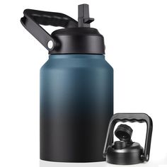 a black and blue water bottle next to a metal carafe on a white background