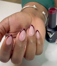 Almond shape nails dark cherry french tip Dark Maroon French Tip Nails, Ted French Tip Almond Nails, Dark Red Tip Nails Almond, Fall Nails Almond French Tip, Oval Nails With French Tip, Short Almond Wine Red Nails, Almond Shape Nails Dark, Almond Nails Burgundy French Tip, Wine French Tip Nails Almond