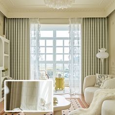 a living room filled with furniture and a chandelier hanging from the ceiling next to a window