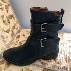 New Gentle Souls Boots * Size 8 * Style Best Double Buckle * Color Is Black With Silver Buckles * Pebbled Leather Uppers * Inside Zipper Closure With Brown Zipper Pull * Heel Height Is About 1 1/2 Inches High * Shaft Height Is About 7 Inches Not Including The Heel Classic Boots. New With The Box (Were Tried On); No Tag Attached. Thanks For Looking! Spring Leather Moto Boots Medium Width, Leather Moto Boots For Spring, Spring Leather Moto Boots With Flat Heel, Leather Moto Boots With Flat Heel For Spring, Leather Moto Boots For Work With Closed Toe, Black Leather Moto Boots Medium Width, Black Leather Moto Boots With Almond Toe, Chic Leather Moto Boots With Round Toe, Chic Leather Moto Boots With Flat Heel