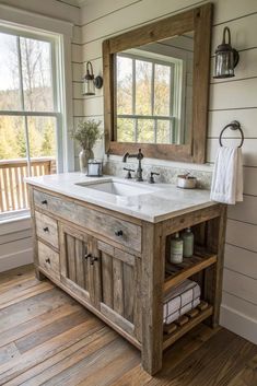 Transform your bathroom with a farmhouse-inspired vanity that combines rustic reclaimed wood, vintage hardware, and charming country-inspired details. Bring warmth and character to your space! Restroom Cabinets, Bathroom Vanity Trends, Oak Entertainment Center, Western Bathroom Decor, Western Bathroom, Vanity Makeover, Farmhouse Vanity, Best Bathroom Vanities, Creative Bathroom