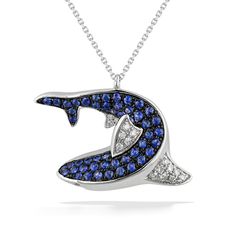 14K White Gold Effy Shark Pendant with 0.39 Carats (total weight) of Blue Sapphires and 0.09 Carats (total weight) of Diamonds. 18" 14K White Gold Adjustable chain included. The chain is adjustable from 16" to 17". The pendant measures approximately 5/8" in length.