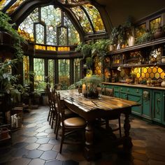 a dining room table surrounded by potted plants and greenery in front of a stained glass window