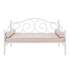 a white metal daybed with striped pillows on the top and bottom, against a white background