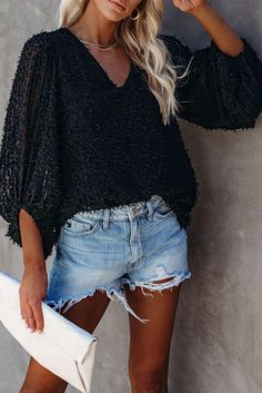 Half Sleeve Shirts Women, Half Sleeve Shirts, Black Balloons, Balloon Sleeve Blouse, Black Feathers, Distressed Denim Shorts, Blouse Black, Affordable Fashion, Black Blouse