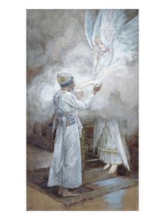 a painting of two people standing in front of an angel and another person pointing at something