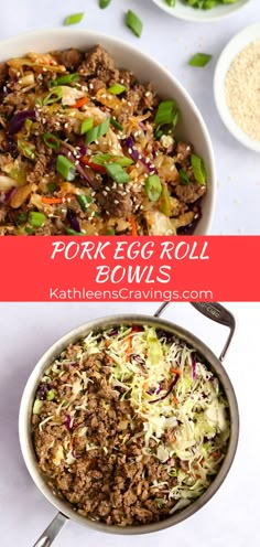 pork egg roll bowl with coleslaw and carrots in the bottom left side